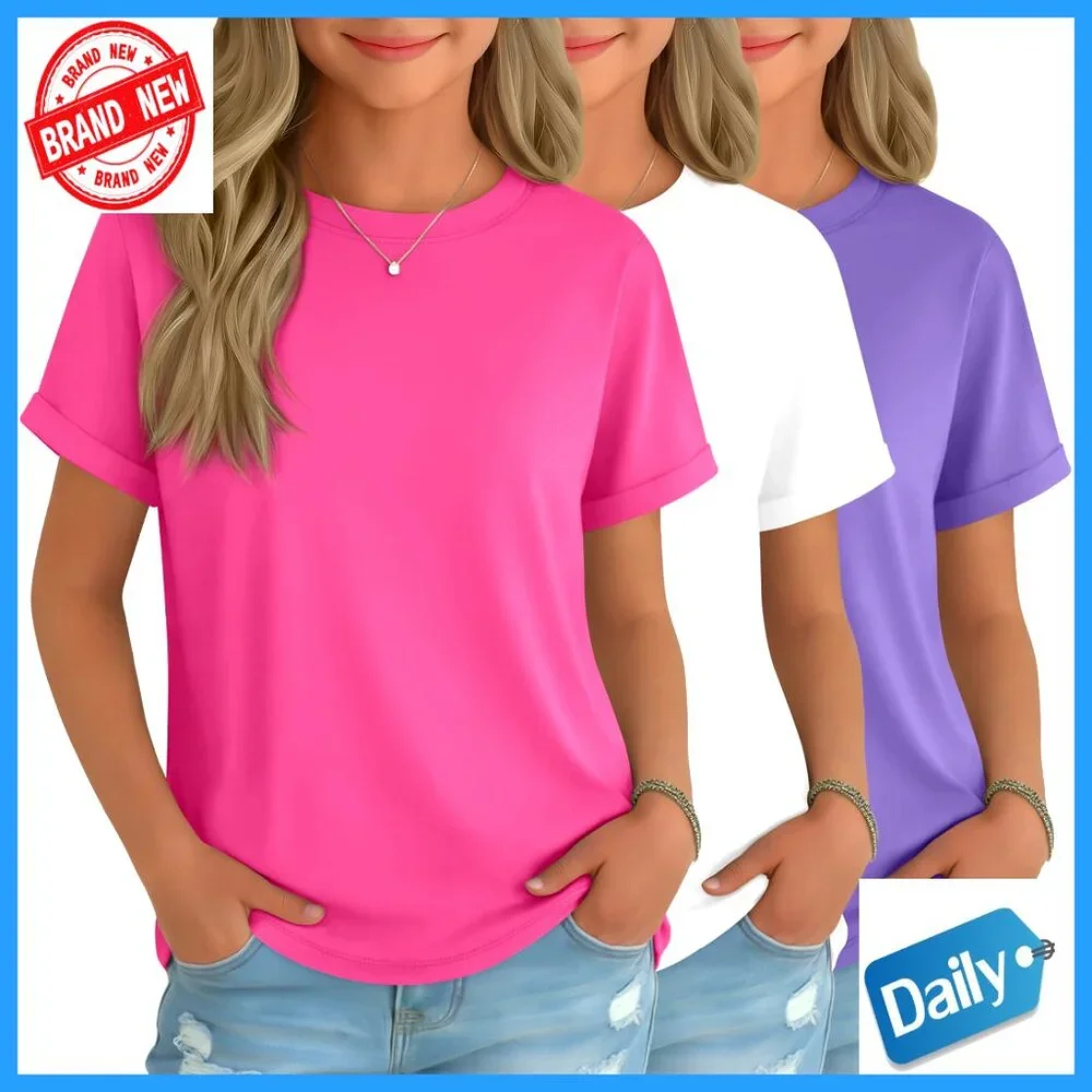 Girls 3 Pack Short Sleeve Tees Crewneck Rolled Cuffs Basic Tops 5-14Y